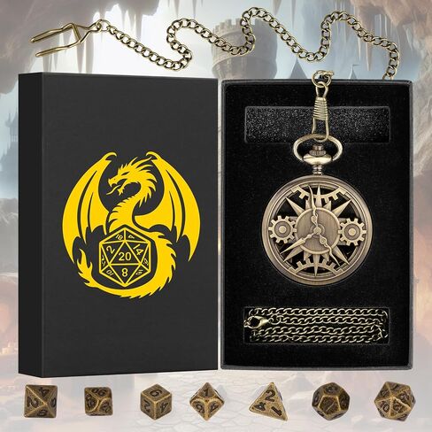 Mini DND Dice Set with Bronze Steampunk Hollow Pocket Watch Shell Case, 7pcs Polyhedral Metal D&D Dice Set, Dungeons and Dragons Gifts with Gift Box, Role Playing Board Games Accessories in Saudi Arabia