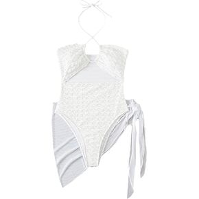 SHENHE Women's Cut Out One Piece Halter Swimsuit High Waisted Bathing Suit with Cover Up Skirt