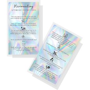 Microneedling Aftercare Cards | 50 Pack | Size 2x3.5 inches Business Card Size | Microneedle Non-Reflective Matte Holographic Look Design, rainbow, blue, black