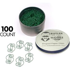 Butler in the Home Money Dollar Sign $ Shaped Paper Clips Great for Paper Clip Collectors or Office Gift - Comes in Round Tin with Lid and Gift Box (100 Count Green)