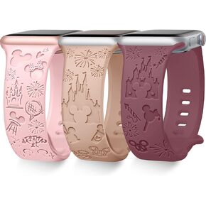 3 Pack Cartoon Engraved Band Compatible with Apple Watch Bands 40mm 44mm 41mm 38mm 45mm 42mm 49mm Women,Cute Pattern Strap Soft Silicone Wristbands for iWatch Series 8 7 6 SE 5 4 3 2 1 Ultra