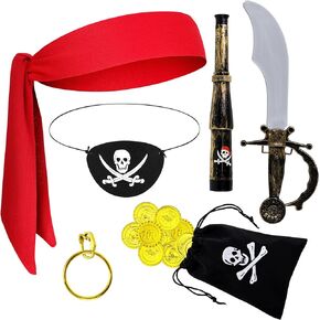 7PCS Captain Pirate Costume Accessories, Pirate Costume Women Men Kids Pirate Costume Set with Pirate Bandana Headband, Eye Patch, Binocular, Earring, Gold Coins and Wallet for Halloween