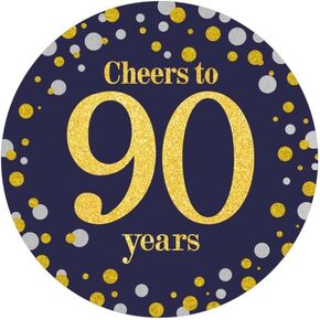 Black and Gold Cheers to 90 Years Sticker Labels - 90th Birthday Party Favor Stickers - 2 in - 50 Count