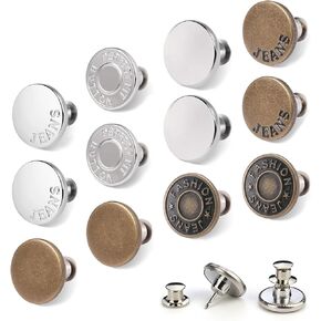 MUNAN 12 Sets Button Pins for Loose Jeans, No Sew No Tools Required Replacement Snap Buttons, Reusable and Removable Waist Adjustable Metal Pants Button Tightener(17mm / 6 Color)