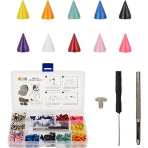 Bright Creations 230 Piece Set Colorful Spikes and Studs for Crafts and Clothing with Tools and Grid Storage Box (7x10mm, 10 Colors)