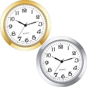 2 Pack 1-7/16 Inch Round Clock Insert Gold Clock Face Metal Wall Clock Silver Mini Clock with Arabic Numerals Easy to Read Home Office School Clock, Gold and Silver Bezel