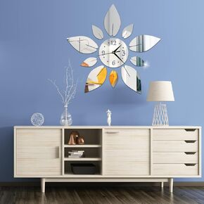 Modern Flowers Digital 3D Large Wall Clock Mirror Stickers Self-Adhesive Acrylic Crystal Decals DIY Silent Petal Combo Art Clocks Decoration for Home Apartment Office (Silver)
