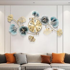 Wall Clocks for Living Room Decor,Large Wall Clock,3D Creative Metal Ginkgo Leaf Design,with Silent Movement Wall Clocks for Home Wall Decor Clock（32''x18'' ）
