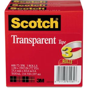 Scotch 600723PK Transparent Tape 600 72 3PK, 1-Inch x 2592-Inch , 3-Inch Core, Transparent, 3/Pack