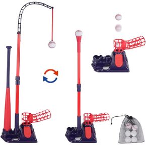 3-in-1 Tee Ball Set for Kids, Baseball Tee Set with Pitching Machine/Adjustable Batting Tee/Retractable Baseball Bat/6 Balls, Outdoor Toy Gifts for 3-12 Year Old Boys Girls, Blue