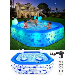 Inflatable Pool with Lights,2024 Solar Inflatable Swimming Pool for Kids,Adults,Blow up Pool with Remote Control,Pump,Large Kiddie Pool with Seat&Backrest,Kids Pool for Backyard-85"x85"x25"