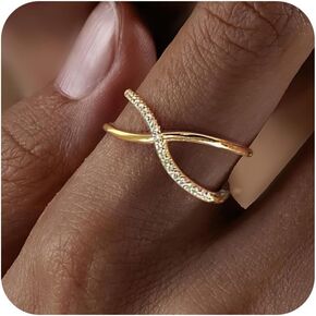 14K Gold Plated Rings,Criss Cross Ring Cubic Zirconia Simulated Diamond Ring for women Adjustable Hypoallergenic Open Rings 925 Sterling Silver Ring for Mother's Day Gifts