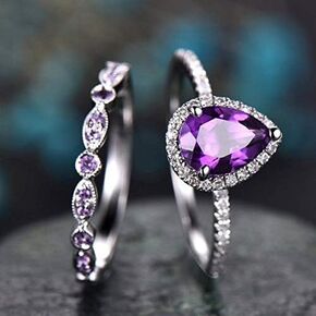 Sdouefos 2Pcs Womens Purple CZ Engagement Rings 925 Sterling Silver Shining Amethyst Ring Tear Drop Shape Cubic Zirconia Promise Rings Set (US Code 7)