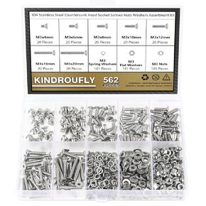 382 Pieces M4 x 5/6 /8/10 /12/16 /20mm Countersunk Head Socket Cap Screws Nuts Washers Assortment Kit, 304 Stainless Steel, Fully Machine Thread