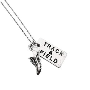 Pewter Track and Field Dog Tag Style Necklace - Pewter Running Shoe Charm and Pewter Track and Field Pendant on 18 inch Stainless Steel Cable Chain - All Pewter