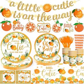 161Pcs Little Cutie Baby Shower Decorations, Including Glisten Little Cutie Banner, Little Cutie Tablecloth Plates Napkins Straw Cup Fork for a Little Cutie Is On The Way Baby Shower