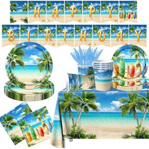 ديكورات حفلات الشاطئ، 142 قطعة من لوازم حفلات أعياد الميلاد على الشاطئ، أطباق ورقية صيفية، مناديل مائدة هاواي لتزيين حفلات أعياد الميلاد الصيفية in Kuwait