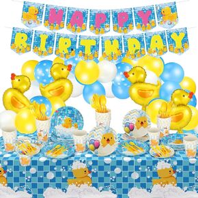 168 Pcs Duck Birthday Decorations Include Yellow Duck Balloon, Latex Balloons, Plates, Cups, Disposable Cutlery, Lunch Napkin, Tablecloth, Banner for Summer Rubber Duck Party Supplies (Cute)