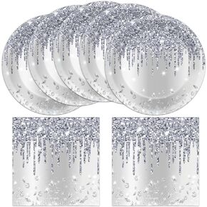 50 Pcs Silver Diamonds Party Plates and Napkins Glitter Diamonds Silver Happy Birthday Party Supplies for 25 Guests Table Decorations for Wedding Silver Birthday Decorations Paper Plates Napkins