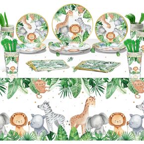 170 Pcs Jungle Safari Party Supplies Jungle Baby Shower Decorations Jungle Party Plates and Cups and Napkins Sets Jungle Tablecloth Safari Theme Party Supplies for Birthday Baby Shower, Serve 24