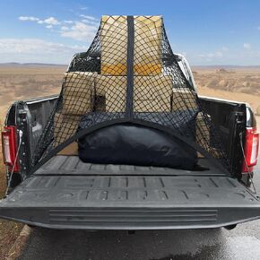 MICTUNING Truck Bed Cargo Net, Double Layer Highly Elastic Cargo Net 4x4ft Stretchable up to 7x7ft Mesh Organizer for Pickup Car Trunk SUV Boat