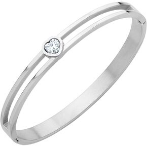 555Jewelry Stainless Steel Hinge Lock Heart CZ Cuff Bangle Bracelet for Women