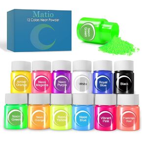 Matio Neon Pigment Powder, 12 Colors Fluorescent Mica Powder Set 10g/Bottle Bright Color Mica Powder for Epoxy Resin, Nails Art, Tumblers, Soap Making, Candle Dye, Painting, DIY Craft, Slime Pigment