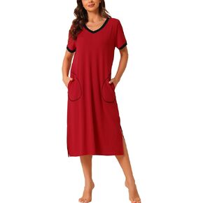 Women V Neck Nightshirt Long Basic Slit Nightgown Big Pockets Short Sleeve Sleepshirt