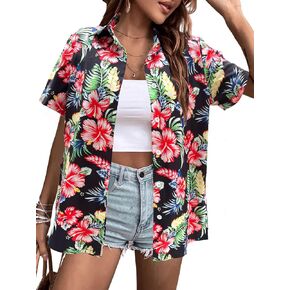 Hawaiian Shirts Women Hawaii Tshirt Cool Floral Tropic Print Graphic Tees Tops Button Up Summer Vacation Shirt