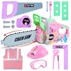 Skirtoy Toy Chainsaw for Kids, Family Day Games Pretend Play Series Kids Tool Set, Outdoor Electronic Chainsaw Toy Tool Set, STEM Preschool Toddler Tool Set, Birthday Easter Gifts (Pink)