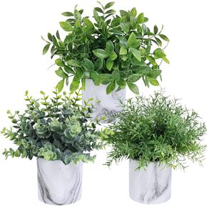 Winlyn Set of 3 Assorted Small Potted Plants Fake Eucalyptus Plants and Rosemary Plant in Gray & White Marble Ceramic Pots Table Desk Bathroom Shelf Office Home Modern Indoor Outdoor Greenery Decor