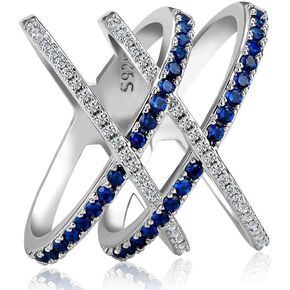 925 Sterling Silver Natural Sapphire Ring Criss Cross Ring Cubic Zirconia Promise Rings CZ Shiny Multi Row Full Diamond Ring Eternity Engagement Wedding Band Ring for Women (US Code 7)