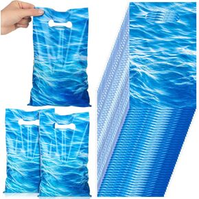Sweetude 50 Pcs Ocean Waves Party Gifts Bags with Handles Plastic Under the Sea Reusable Treat Bags Gift Pouches Blue Pool Party Favor Pouches for Ocean Theme Birthday