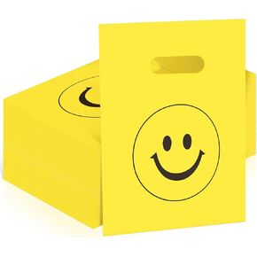 300 Pieces Smile Face Gift Bags 6" x 8" Plastic Party Favors Bags Party Goodie Bags Birthday Treat Bags Bulk with Handle for Kids Birthday Party Classroom School Supplies (Multicolor)