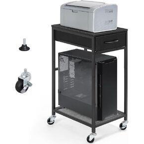 YBING PC Stand 2 Tier Computer Tower Stand with Drawer Mobile Computer Cart with Storage Metal CPU Holder on Wheels Pc Tower Stand Black Rolling Computer Tower Stand Floor for Office