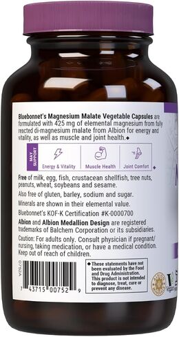 Bluebonnet Nutrition Magnesium Malate Vegetable Capsules - Supports Energy, Muscle & Joint Health - Non-GMO, Vegan, Kosher Certified, Gluten-Free, 90 Count in Saudi Arabia