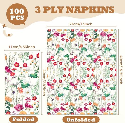 Homlouue 100 Wildflower Napkins, Floral Napkins, Flower Napkins, Watercolor Floral Paper Napkins for Party Picnic Dinner Baby Shower Wedding Spring Summer Fall, Disposable Hand Towels for Bathroom in Saudi Arabia
