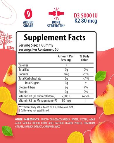 Vitamin D3 K2 Gummies 5000 IU - Immune & Bone Support - Sugar-Free Vitamin D Gummy Supplement - High-Absorption, Vegan, Gluten-Free Gummies for Adults in Saudi Arabia