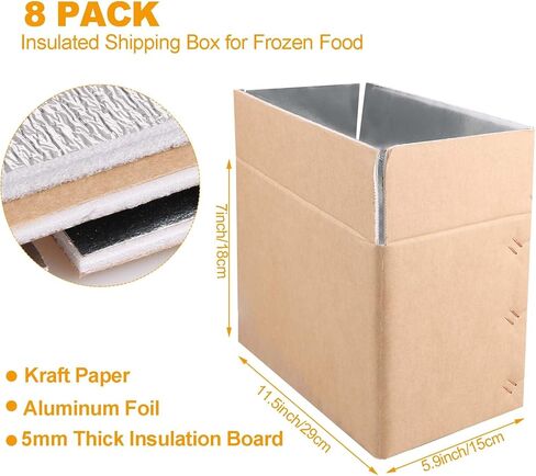 8 Pack Double Insulated Shipping Boxes for Frozen Food, Cold Delivery Carton with Aluminum Foil Liner, Large Cooler Boxes for Shipping Mailing Packing – Box Inside 11 x 6 x 7 inch in Kuwait