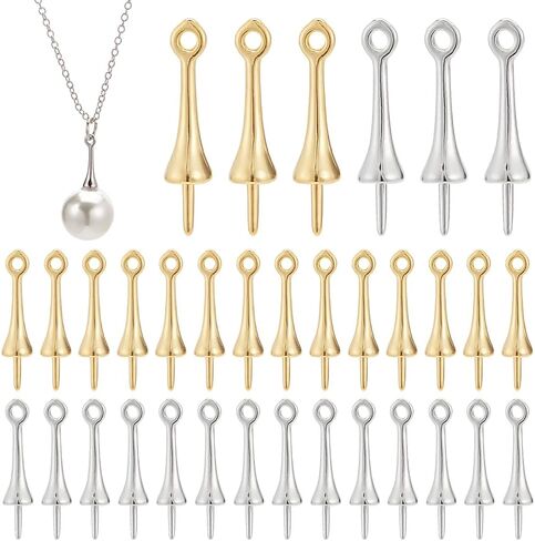 PH PandaHall 60pcs Eye Pin Nail Pendant, Pearl Cup Eye Pin Half Diamond Bead Brass Cup Eye Nail, Nail Pendant Small Cup Pearl Nail for Necklace Bracelet Earrings Jewelry Making, Golden/Silver in Saudi Arabia