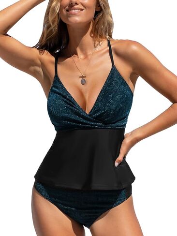 CUPSHE Women's Tankini Sets Two Piece Swimsuit V Neck Crisscross Back Tie Cutout Mid Rise Spaghetti Straps Shiny in Saudi Arabia