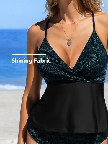 CUPSHE Women's Tankini Sets Two Piece Swimsuit V Neck Crisscross Back Tie Cutout Mid Rise Spaghetti Straps Shiny in Saudi Arabia