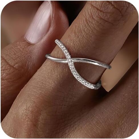 14K Gold Plated Rings,Criss Cross Ring Cubic Zirconia Simulated Diamond Ring for women Adjustable Hypoallergenic Open Rings 925 Sterling Silver Ring for Mother's Day Gifts in Saudi Arabia