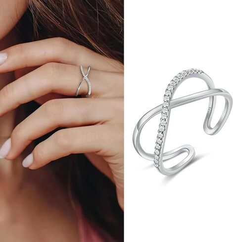 14K Gold Plated Rings,Criss Cross Ring Cubic Zirconia Simulated Diamond Ring for women Adjustable Hypoallergenic Open Rings 925 Sterling Silver Ring for Mother's Day Gifts in Saudi Arabia