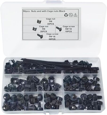 صواميل قفص تثبيت على حامل مقاس M6 × 16 مم، ومسامير وغسالات لخزانة الخادم المثبتة على الحامل، ومسامير تثبيت على حامل أسود وصواميل إدراج مربعة، من الفولاذ الكربوني، 50 مجموعة تشتمل على روابط كبل ذاتية القفل in Kuwait