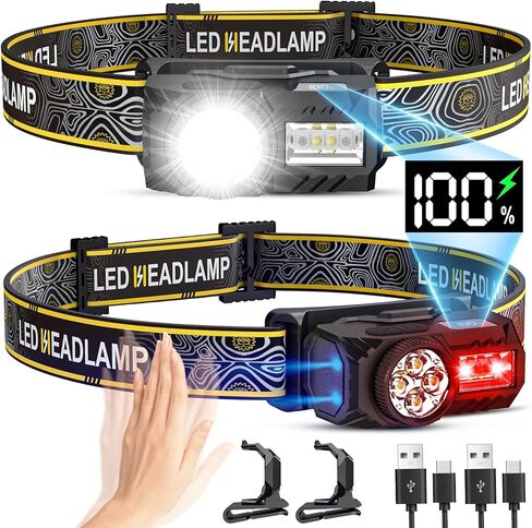 مصباح أمامي قابل لإعادة الشحن، 2 حزمة 2000LM مصباح أمامي LED فائق السطوع 7 أوضاع، شاشة عرض طاقة رقمية خفيفة الوزن 1.4 أونصة، مصباح أمامي للمصابيح الأمامية هدية عيد الأب للتخييم في الهواء الطلق والجري (أسود) in Kuwait