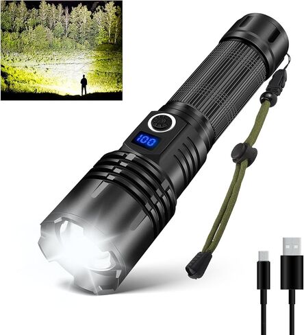 مصابيح LUXJUMPER LED قابلة لإعادة الشحن، 900.000 لومن مصباح يدوي LED فائق السطوع مع شاشة عرض للطاقة، 5 أوضاع، قابل للتكبير، مصباح يدوي قوي محمول للتخييم في حالات الطوارئ والمشي لمسافات طويلة in Kuwait