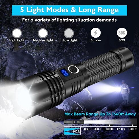 مصابيح LUXJUMPER LED قابلة لإعادة الشحن، 900.000 لومن مصباح يدوي LED فائق السطوع مع شاشة عرض للطاقة، 5 أوضاع، قابل للتكبير، مصباح يدوي قوي محمول للتخييم في حالات الطوارئ والمشي لمسافات طويلة in Kuwait