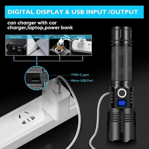 مصابيح LUXJUMPER LED قابلة لإعادة الشحن، 900.000 لومن مصباح يدوي LED فائق السطوع مع شاشة عرض للطاقة، 5 أوضاع، قابل للتكبير، مصباح يدوي قوي محمول للتخييم في حالات الطوارئ والمشي لمسافات طويلة in Kuwait