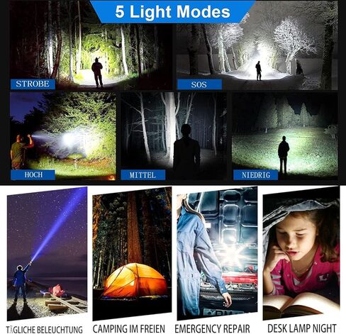 مصابيح LUXJUMPER LED قابلة لإعادة الشحن، 900.000 لومن مصباح يدوي LED فائق السطوع مع شاشة عرض للطاقة، 5 أوضاع، قابل للتكبير، مصباح يدوي قوي محمول للتخييم في حالات الطوارئ والمشي لمسافات طويلة in Kuwait